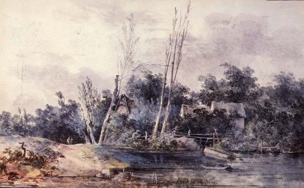 Cottages and willow by a stream with figures by Louis Gabriel Moreau