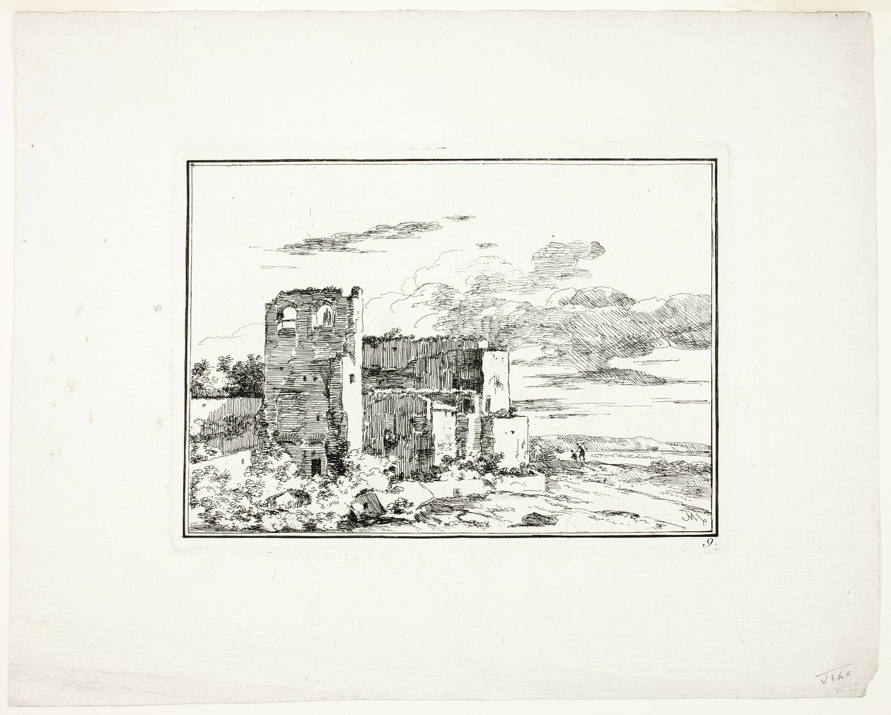Ruined Buildings near a River Bank, plate 9 from Fourth Series of Landscapes Drawn and Etched by Moreau by Louis Gabriel Moreau