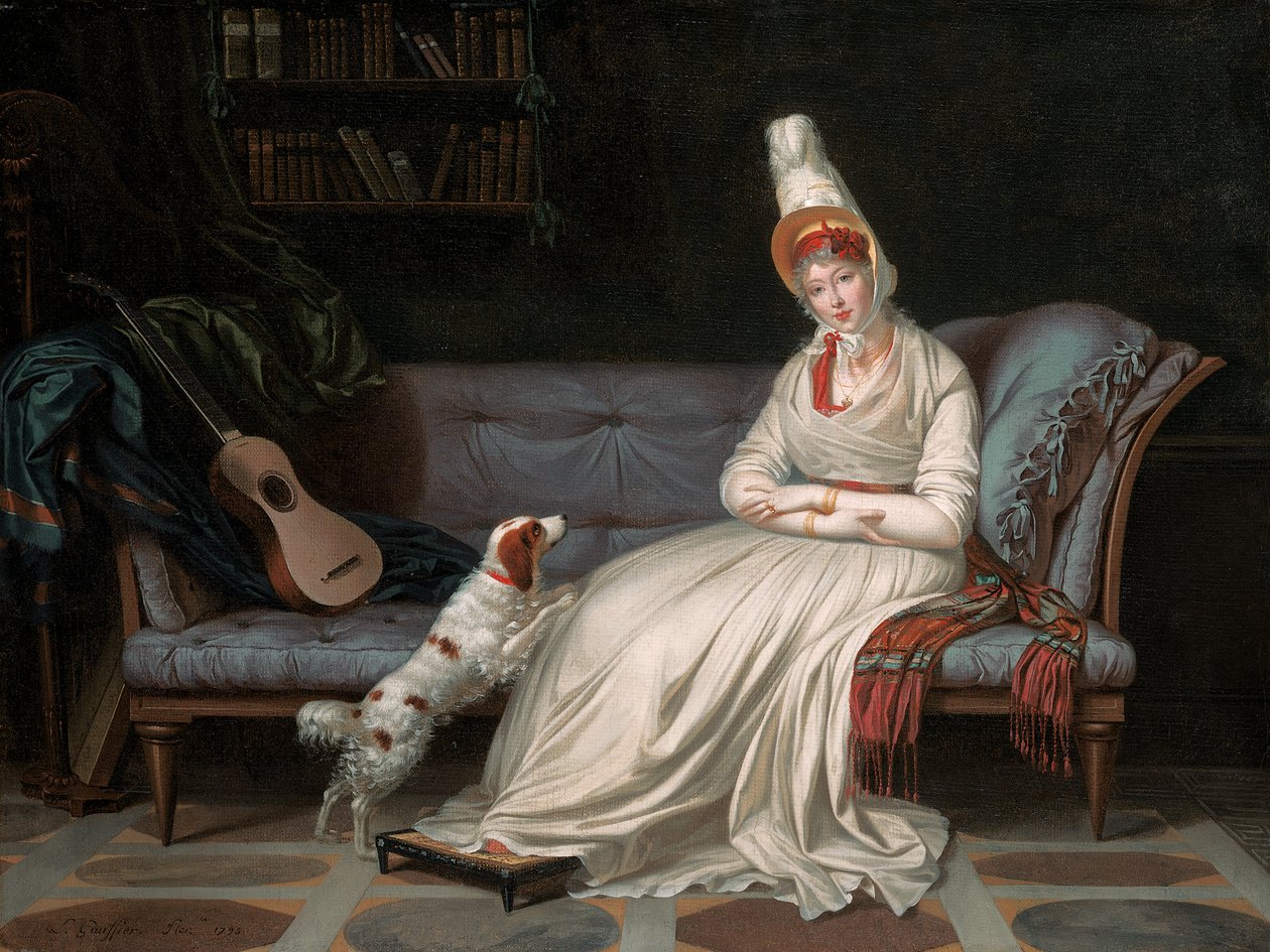 Portrait of Elizabeth, Lady Webster, later Lady Holland, in a white dress with her spaniel Pierrot by Louis Gauffier