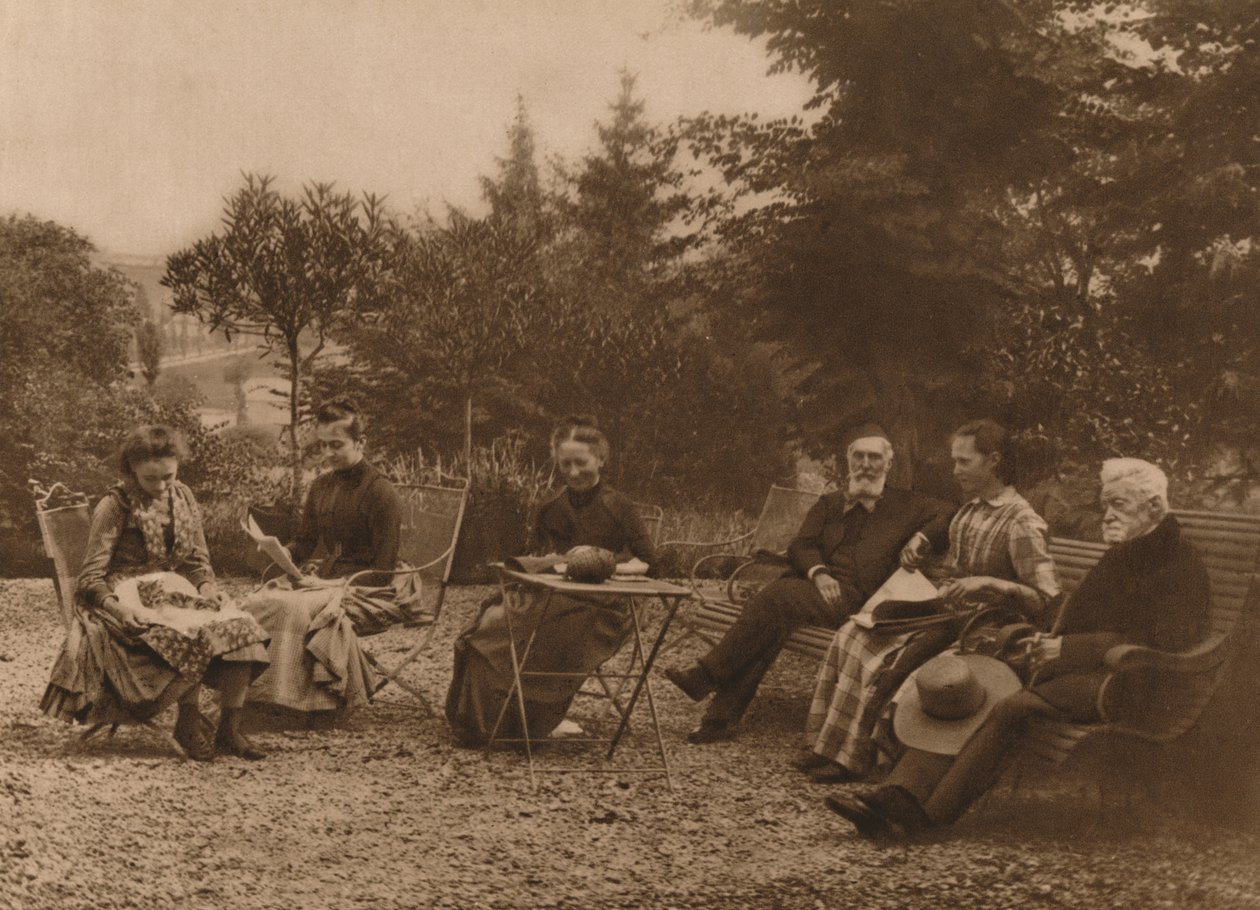 A group of men and women sat talking by a table by Louis Guichard