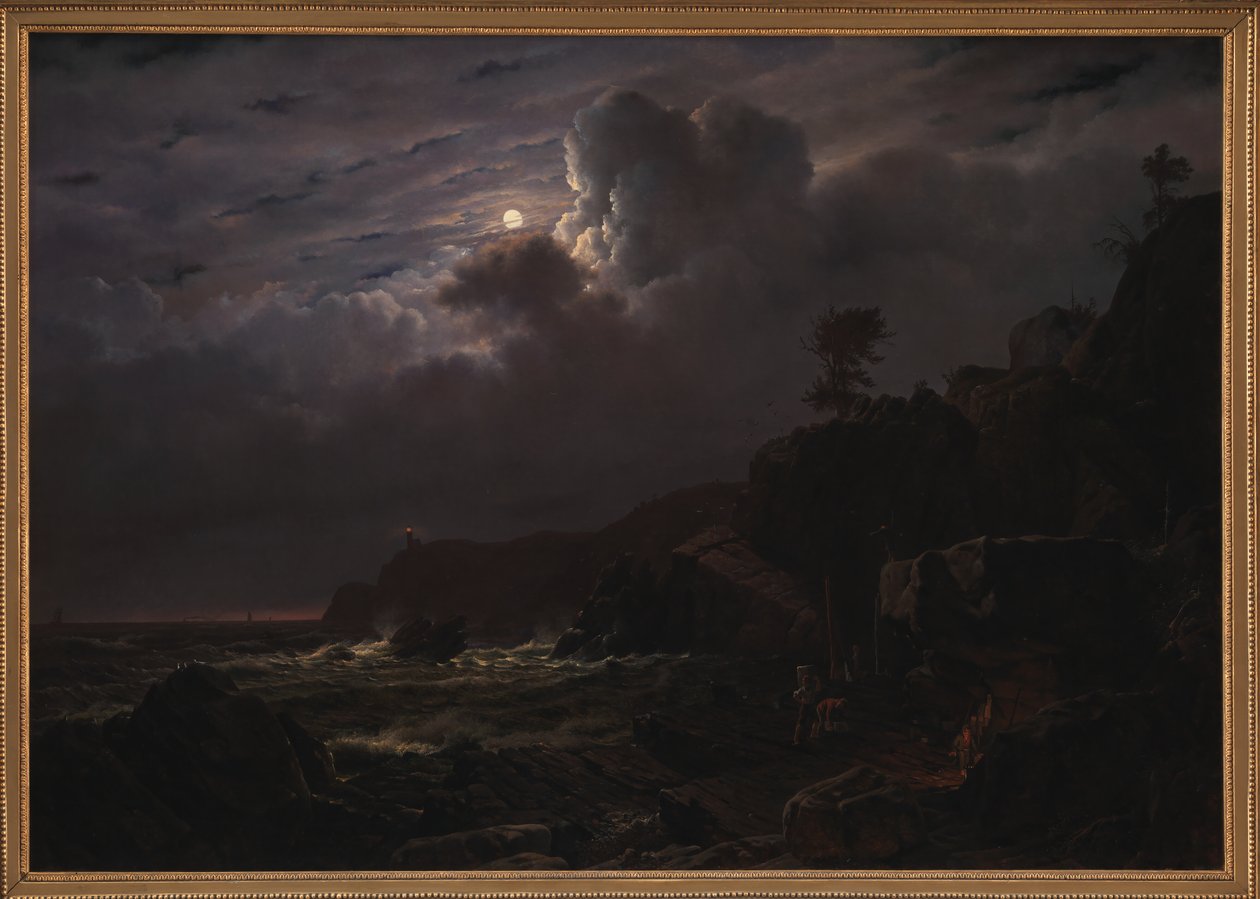 View of Kullen in Sweden. Smugglers Hiding their Goods among the Rocks. Moonlight by Louis Gurlitt