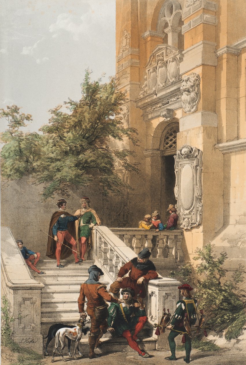 Heidelberg (servants and courtiers on the marble porch of a castle) by Louis Haghe