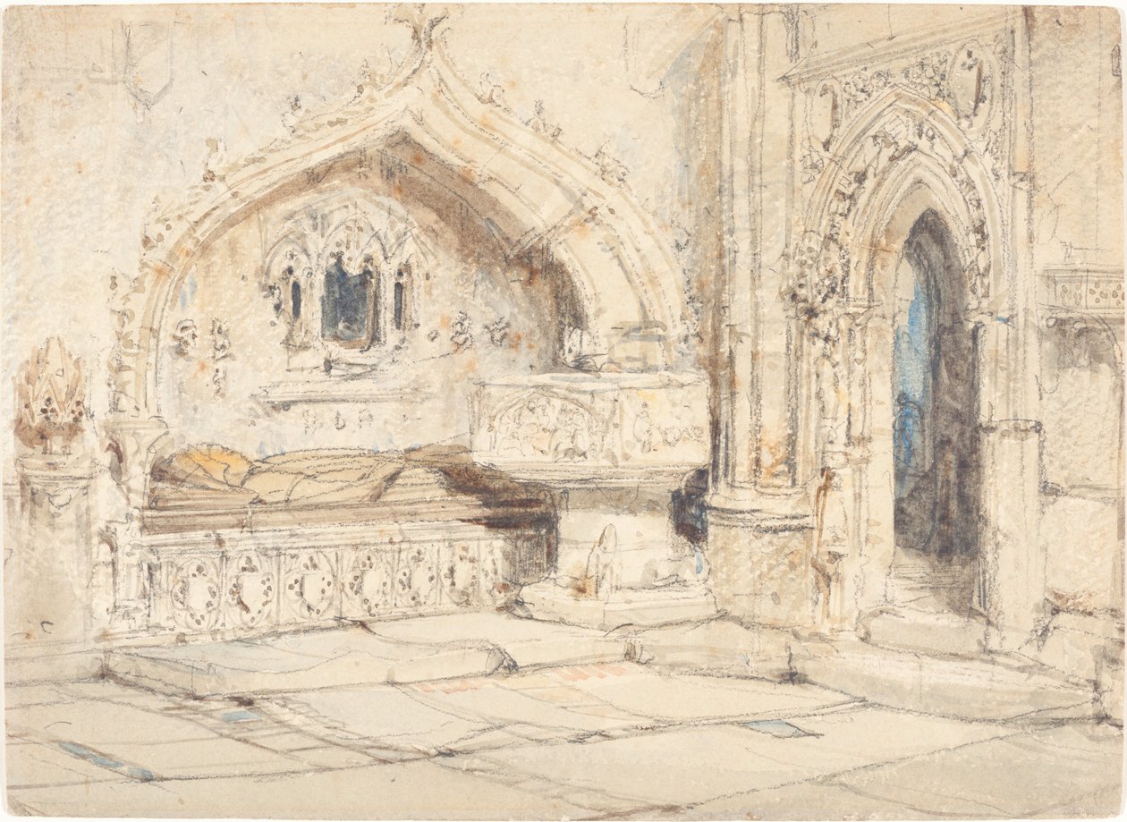 Interior of a Church with a Wall Tomb and Medieval Font by Louis Haghe