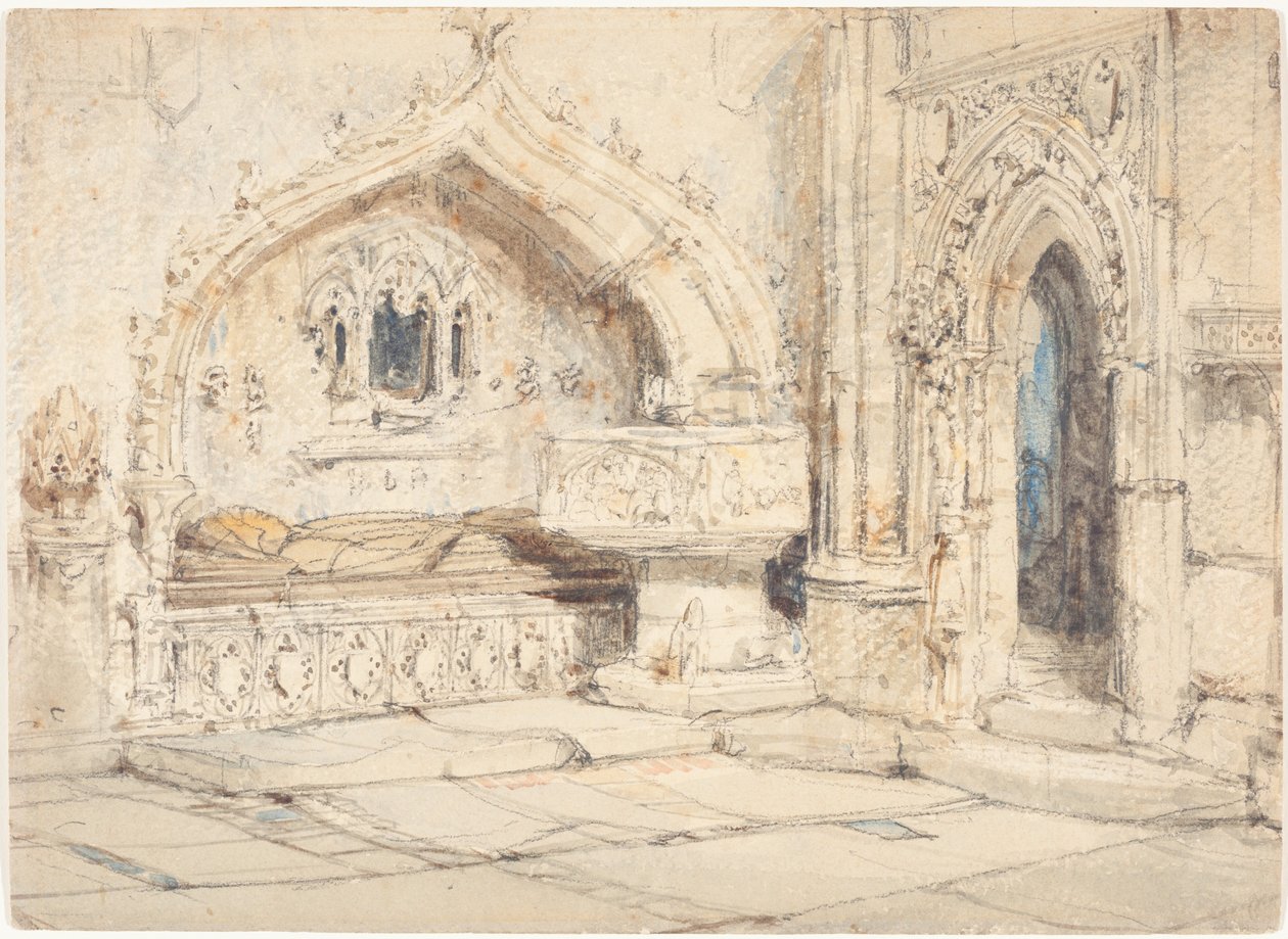 Interior of a Church with a Wall Tomb and Medieval Font by Louis Haghe