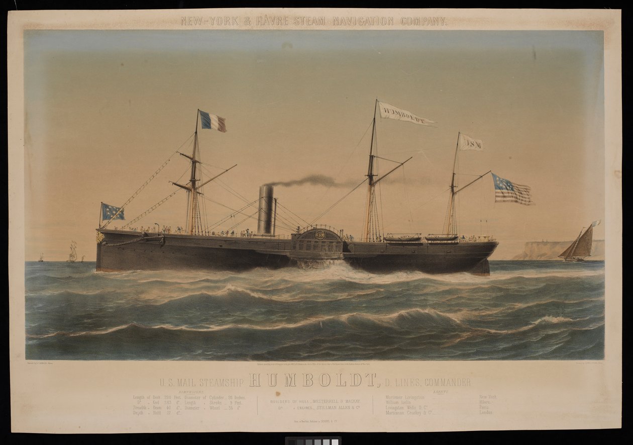 New York & Havre Steam Navigation Company U.S. Mail Steamship Humboldt, D Lines, Commander by Louis Honore Gamain