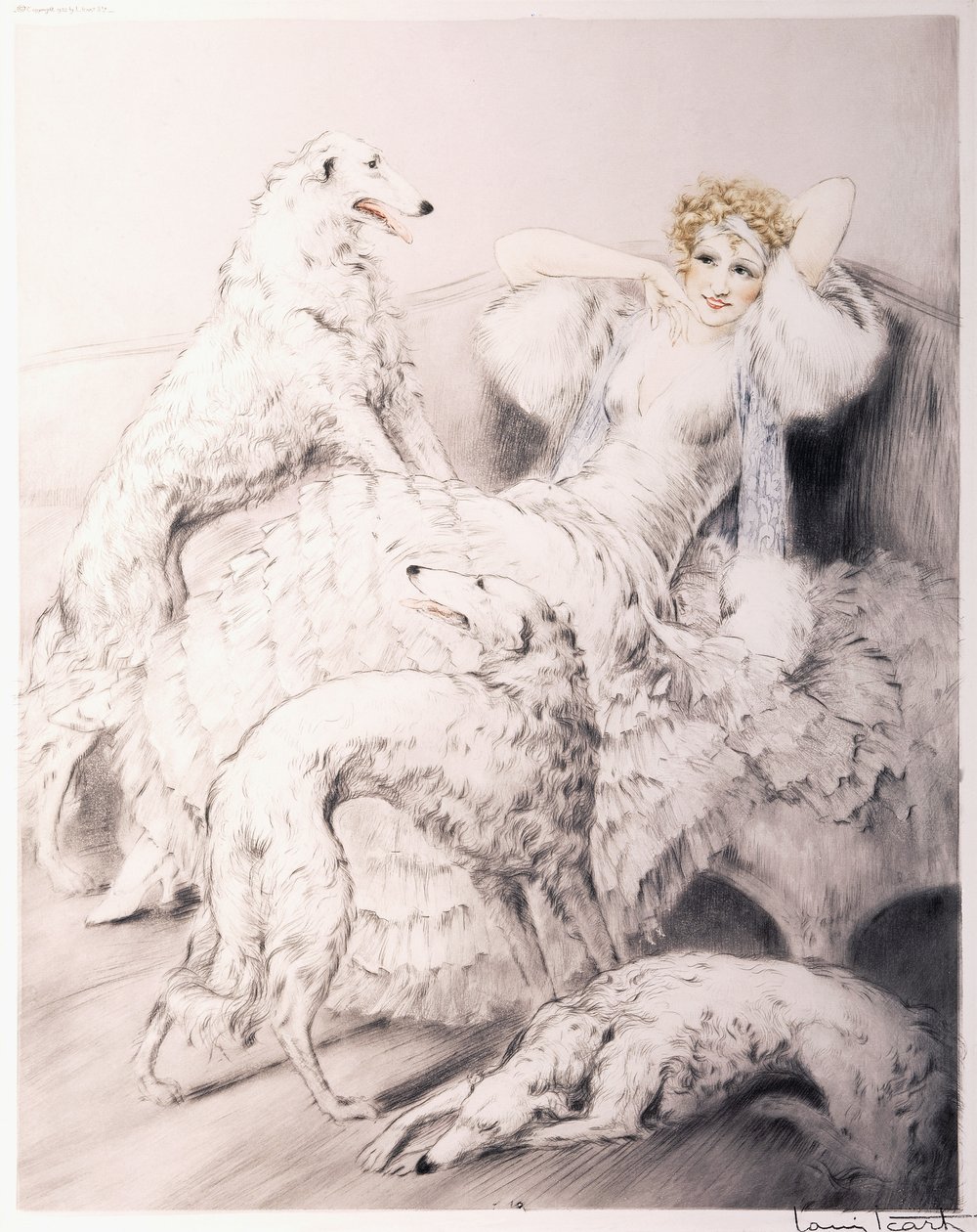 Girl with Attendant Borzoi by Louis Icart
