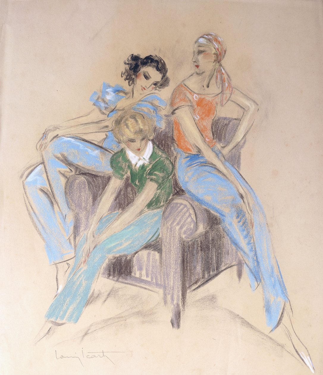 Three Girls Seated on an Armchair by Louis Icart
