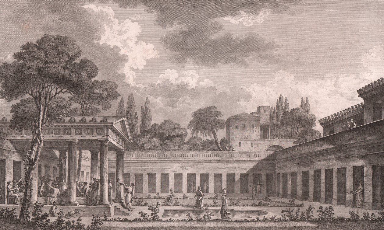 Ideal reconstruction of Villa of Diomedes in Pompeii to its original state before volcano eruption of Mount Vesuvius in 79 AD, Campania, Italy (etching after drawing by Louis Jean Desprez) by Louis Jean (after) Desprez