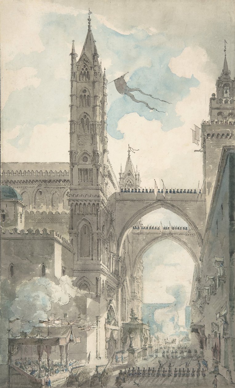 View of the Portal and Principal Entrance of the Cathedral of Palermo during the Festival by Louis Jean Desprez