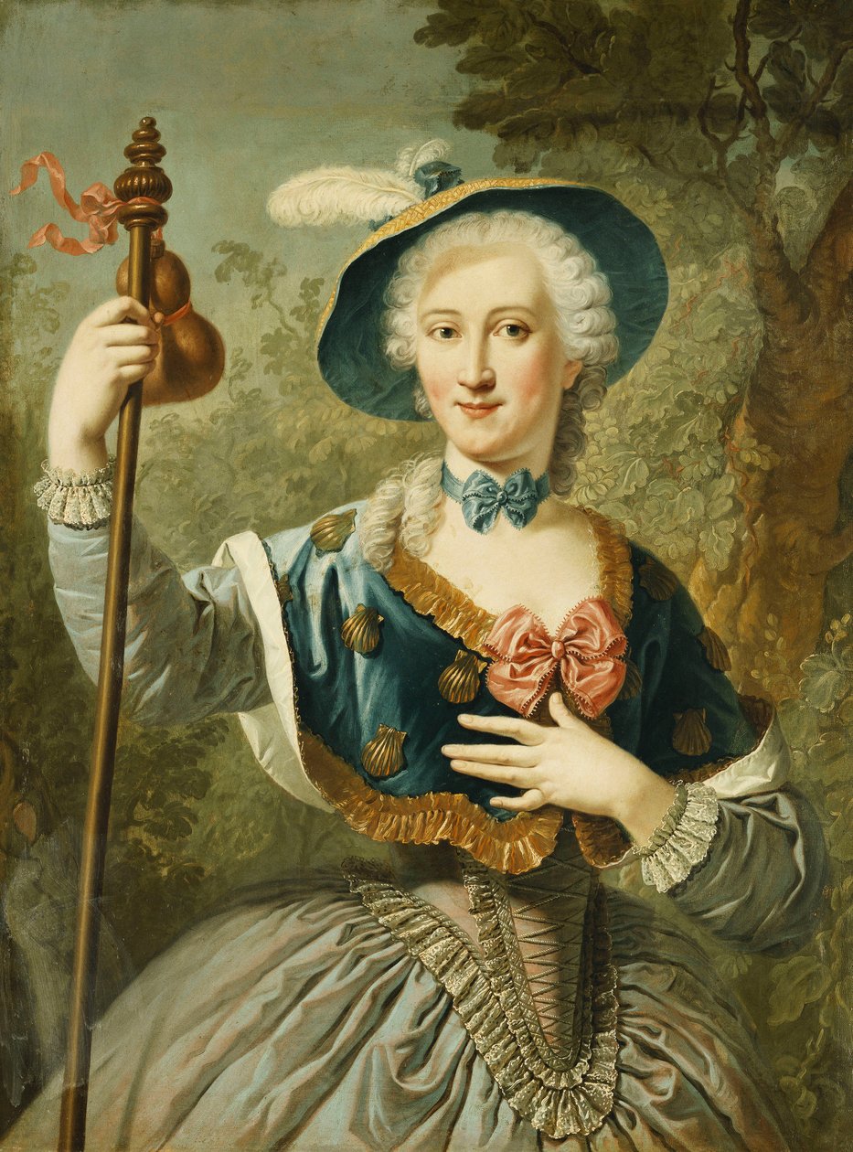Portrait of a Lady, Three-Quarter Length, Dressed as a Pilgrim, and Wearing a Blue Lined Straw Hat and Feather, 1747 by Louis Jean François Lagrenée