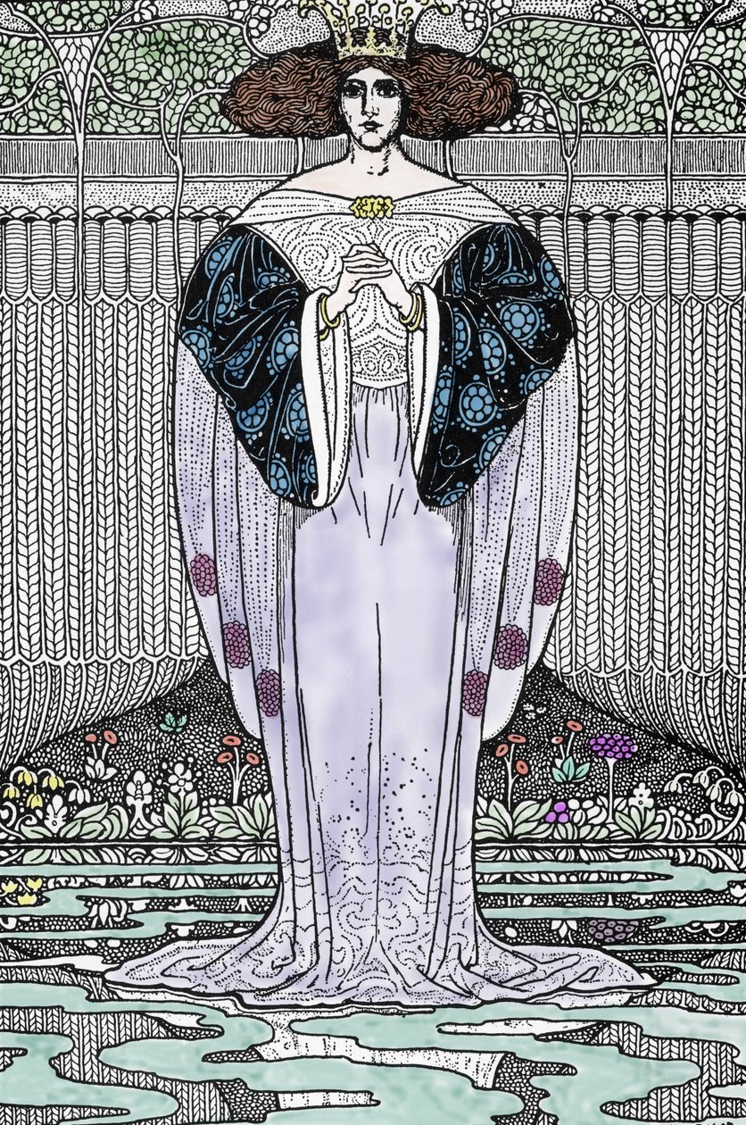 Representation of the Lady of the Lake (Nimue, Viviane) Illustration by Louis Rhead (1858-1926) for “King Arthur and his knights” by Louis John Rhead