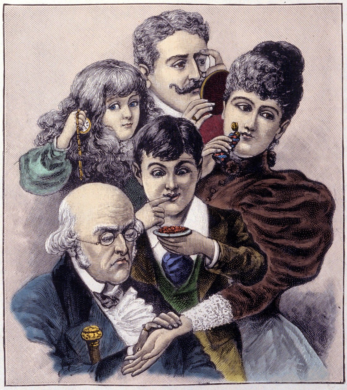 Representation of the five senses (touch, hearing, smell, taste and sight) by Louis leopold Bailly. Engraving from 1894 by Louis Leopold (after) Boilly