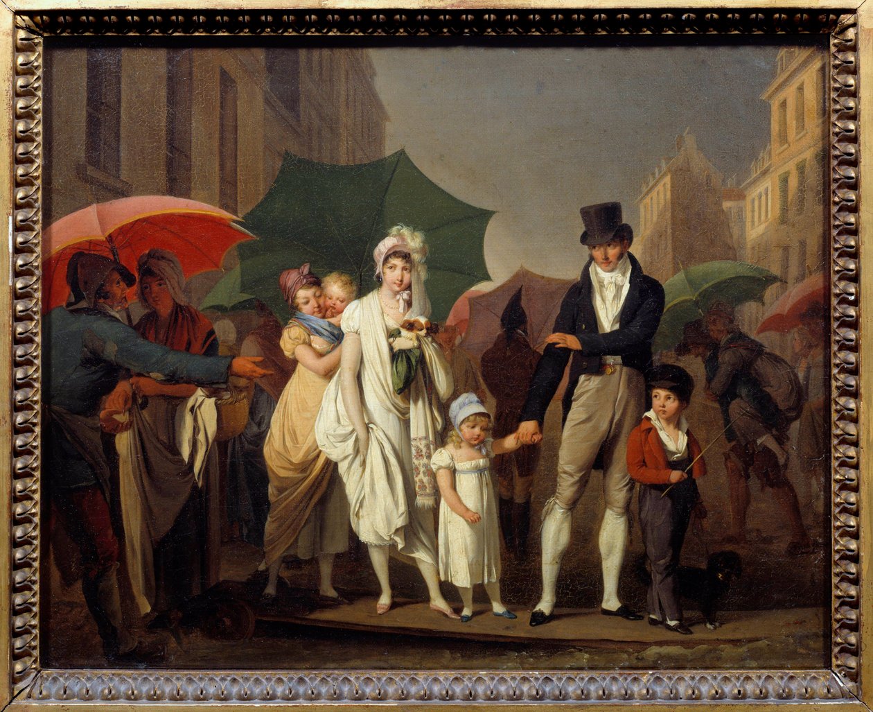 The downpour. Parisians bourgeois dressed in First Empire fashion protecting themselves from the rain by Louis Leopold Boilly