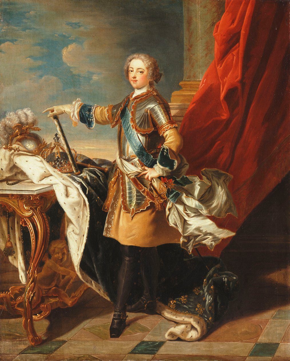 Portrait of King Louis XV, full-length, wearing half Armour by Louis Michel van Loo