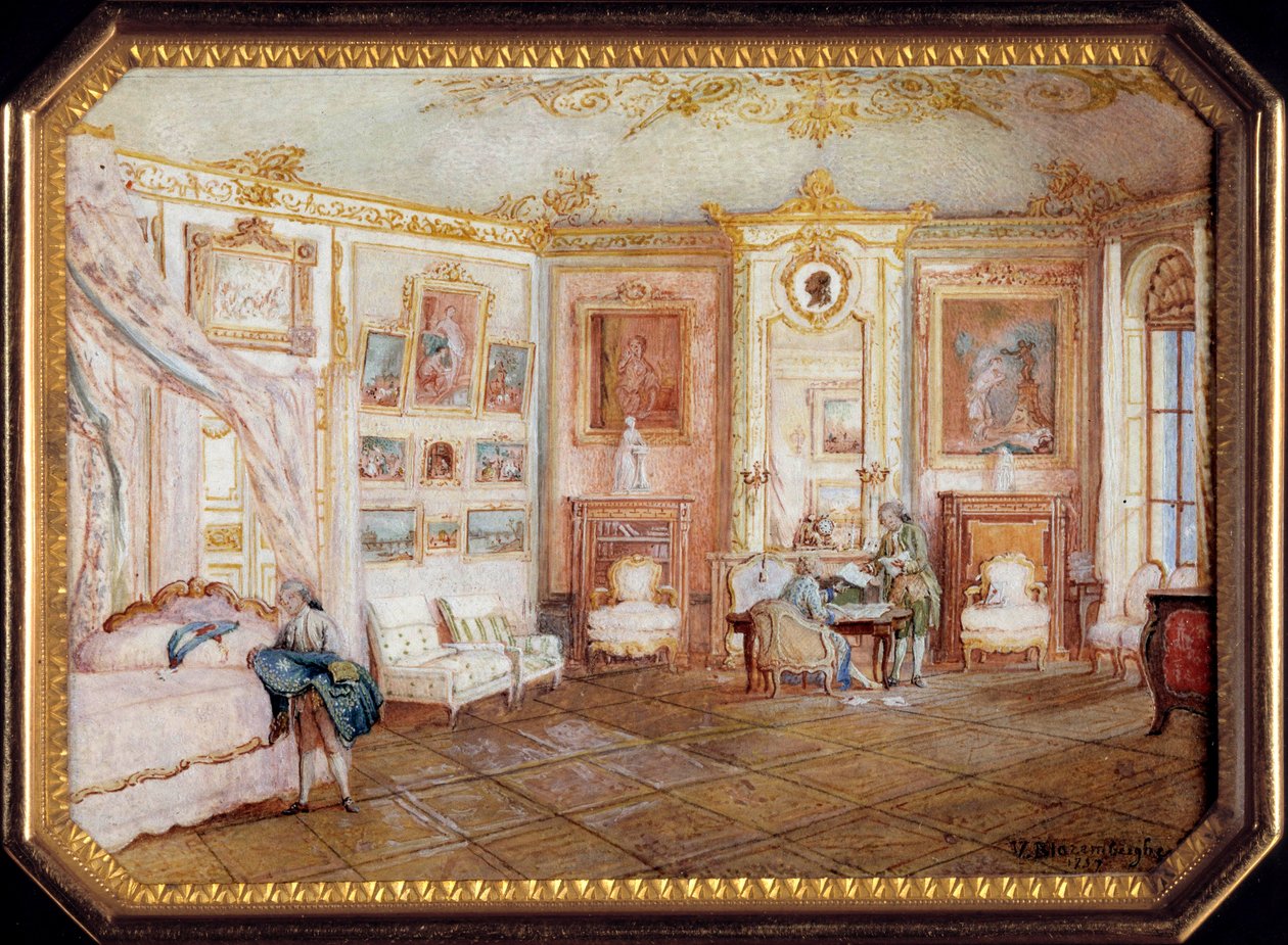Lid of a tabatiere by Alexandre Leferre (ca. 1806-ca. 1838) decorated with a miniature painting by Louis Nicolas Van Blarenberghe (1716-1794) representing a room under Louis XV. Around 1770 by Louis Nicolas van Blarenberghe