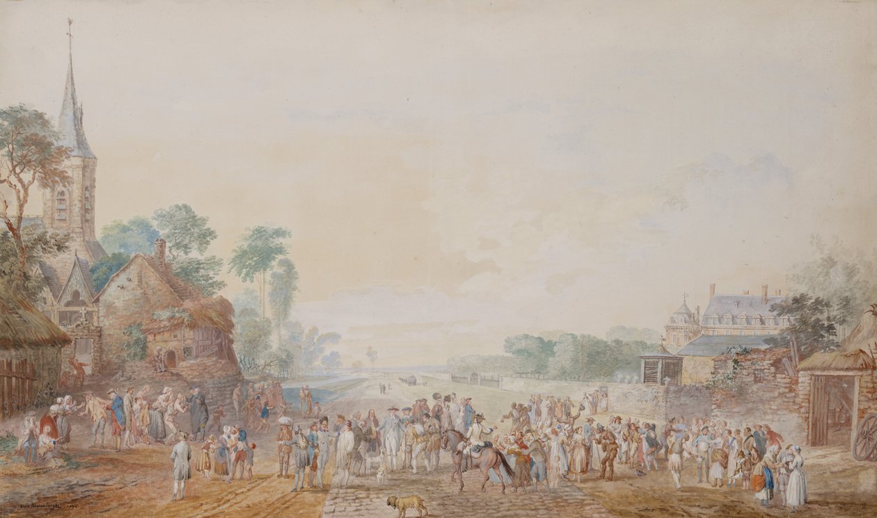 The Duke of Penthievre with Benjamin Franklin on his right side attending a review of his volunteer regiment next to his chateau at Rambouillet by Louis Nicolas van Blarenberghe