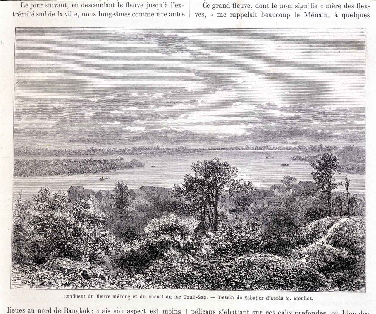 Confluence of the Mekong River and Lake Touli Channel - Drawing by Sabatier according to Mr. Mouhot. Tour du Monde by Louis Remy Sabatier