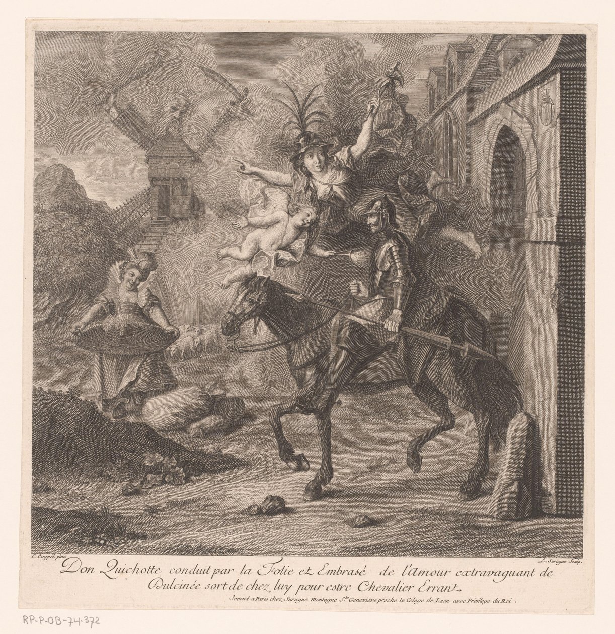 Don Quixote Leaving His House Accompanied by Folly to Become a Knight-Errant (History of Don Quixote) by Louis Surugue