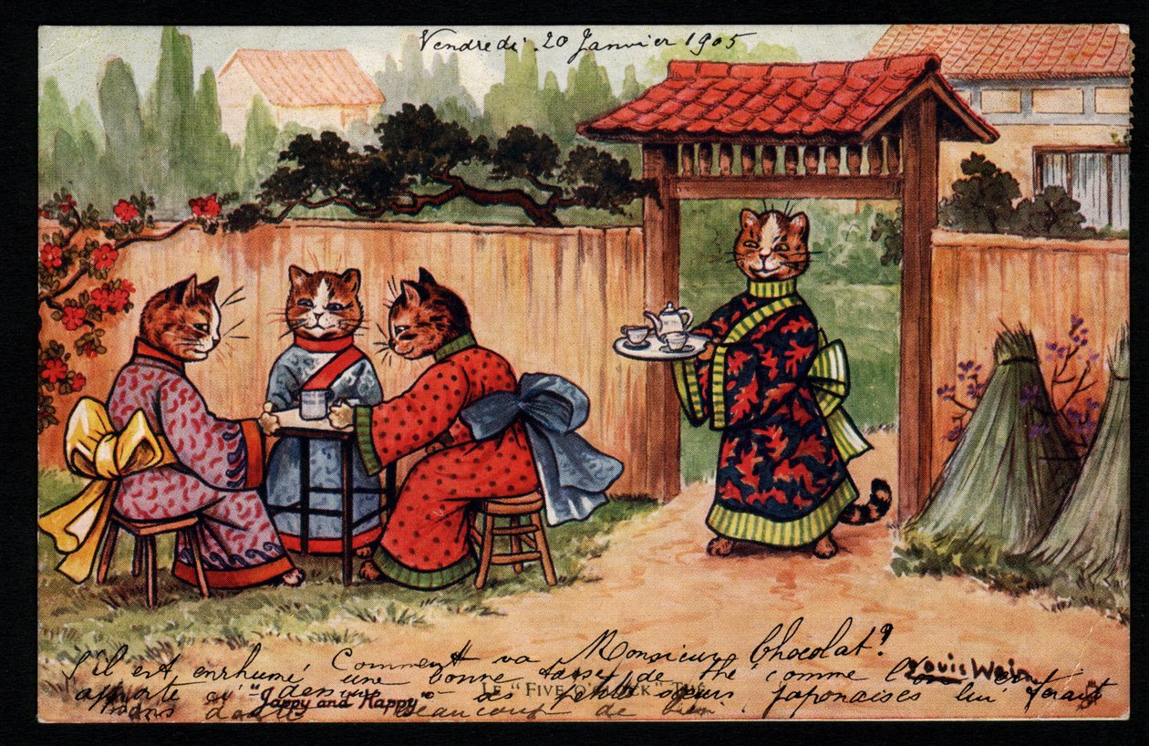 Animals in human posture. Cat in kimono drinking tea in a Japanese garden. Postcard. Chromolithograph by Louis Wain, early 20th century. Private collection by Louis Wain
