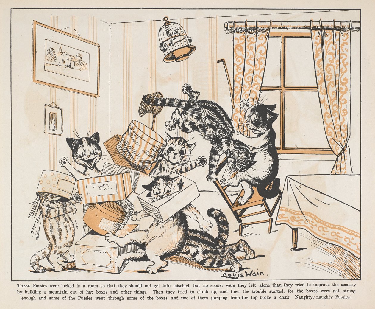 Cats Playing with Boxes in a Room by Louis Wain