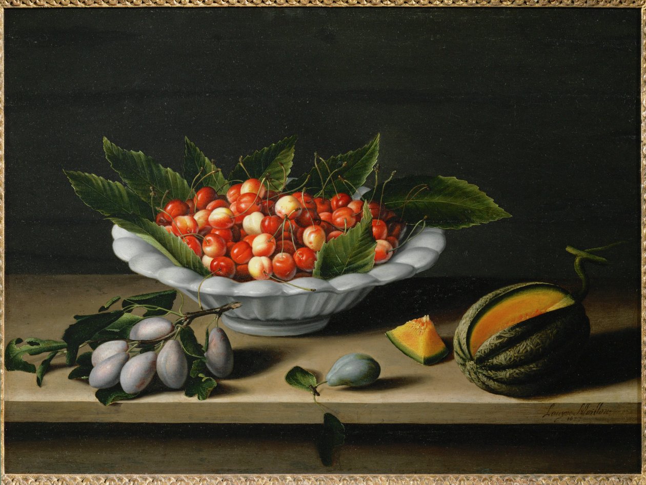 Bowl of Cherries, Plums and Melon by Louise (circle of) Moillon