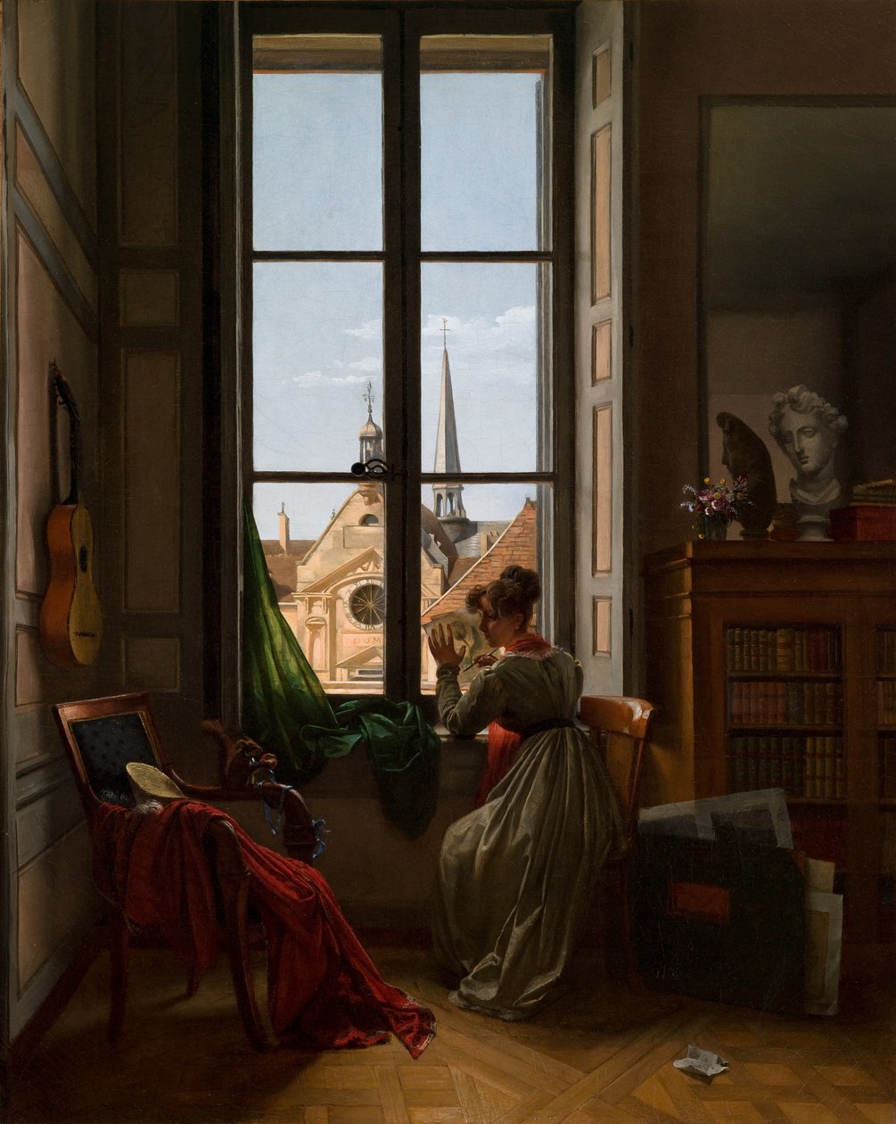 Interior with Young Woman Tracing a Flower by Louise Adeone Droelling