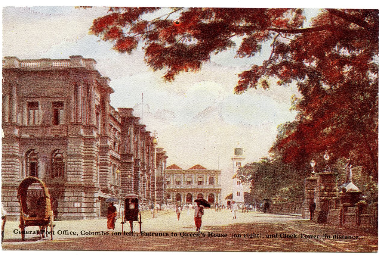 General Post Office, Colombo (on left), entrance of Queens House (on right), and Clock Tower (in distance), c.1900-20 by Ltd. Ceylon Plâté