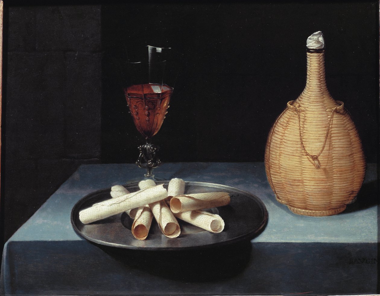 Still Life with Wafer Dessert of Biscuits, Wine Bottle and Glass by Lubin Baugin