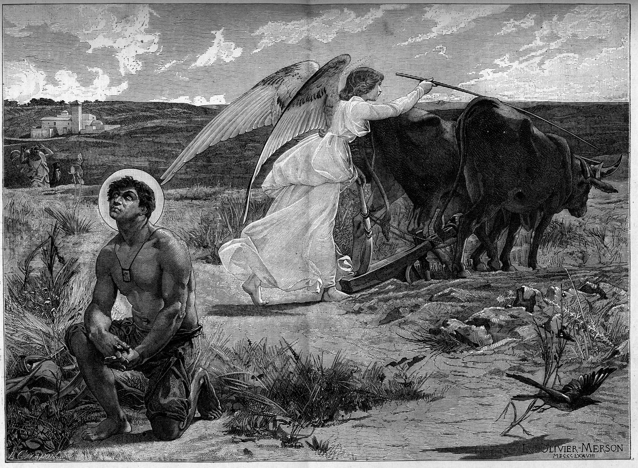 Saint Isidore, patron of the plowers. An angel helps Saint Isidore plow a field with a plow. 19th century. Engraving after the painting by Luc Olivier Merson. In 