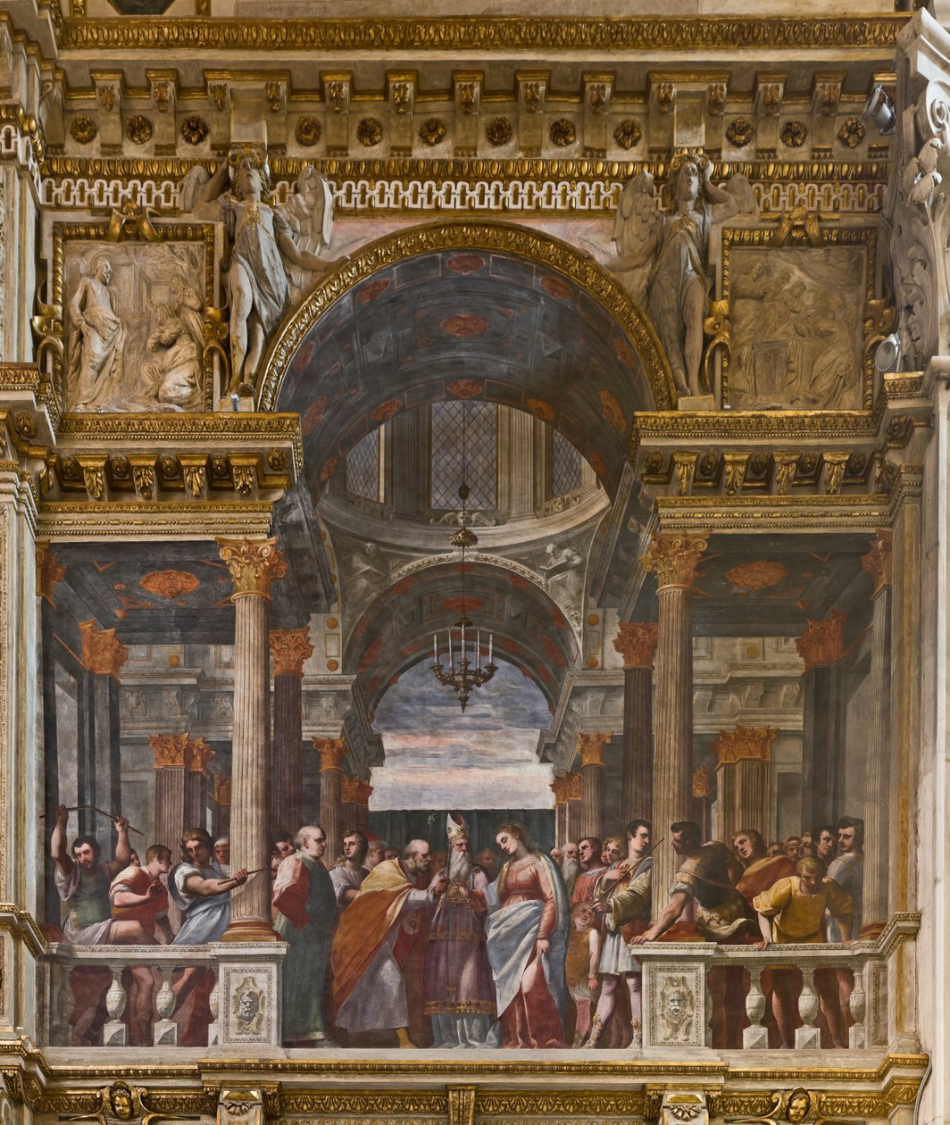 Genoa, Duomo (St Lawrence Cathedral), inside, The Lercari Chapel or The Chapel of the Blessed Sacrament (Northern apse), Southern side: "The Betrothal of the Virgin", fresco by Luca Cambiaso by Luca Cambiaso