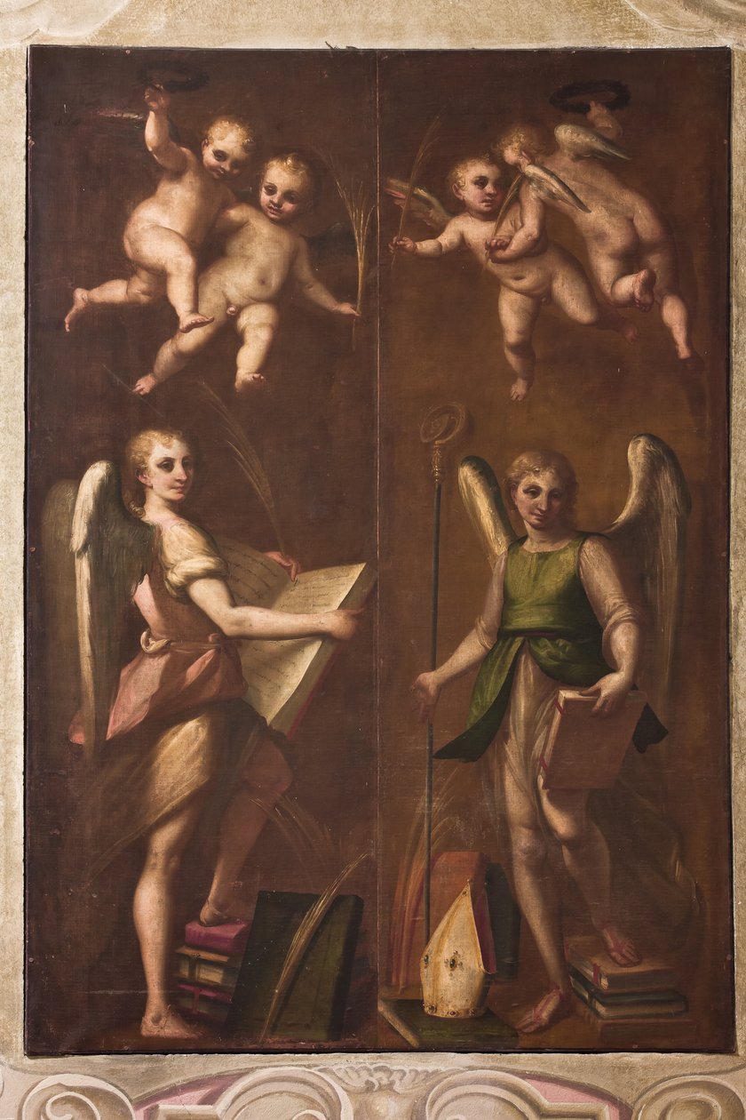Genoa, Duomo (St Lawrence Cathedral), sacristy, chapel: Angels with episcopal insignia, books and palm branches by Luca Cambiaso