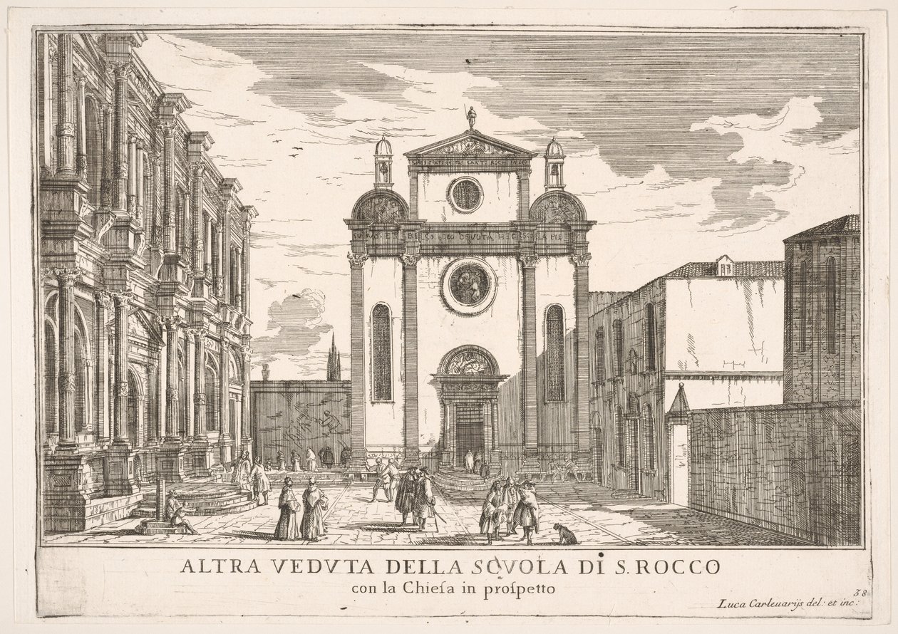 Plate 38: View of the facade of the church of St. Roch and at left the facade of the School by Luca Carlevarijs