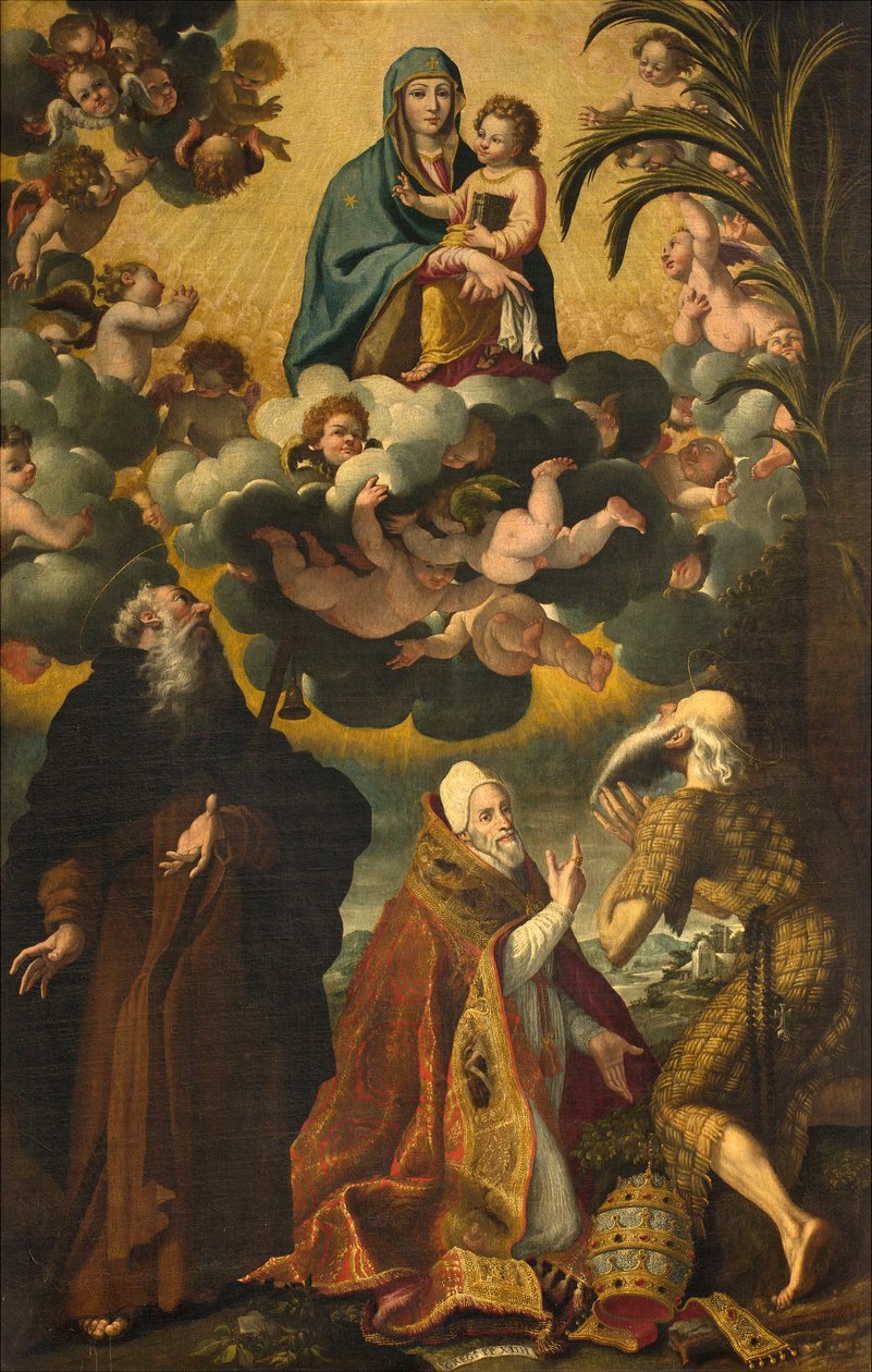 Altar of Saint Anthony, Madonna and Child with Saints Anthony Abbot Paul Hermit and Pope Gregory XIV, Luke Cattapane 1593 by Luca Cattapane
