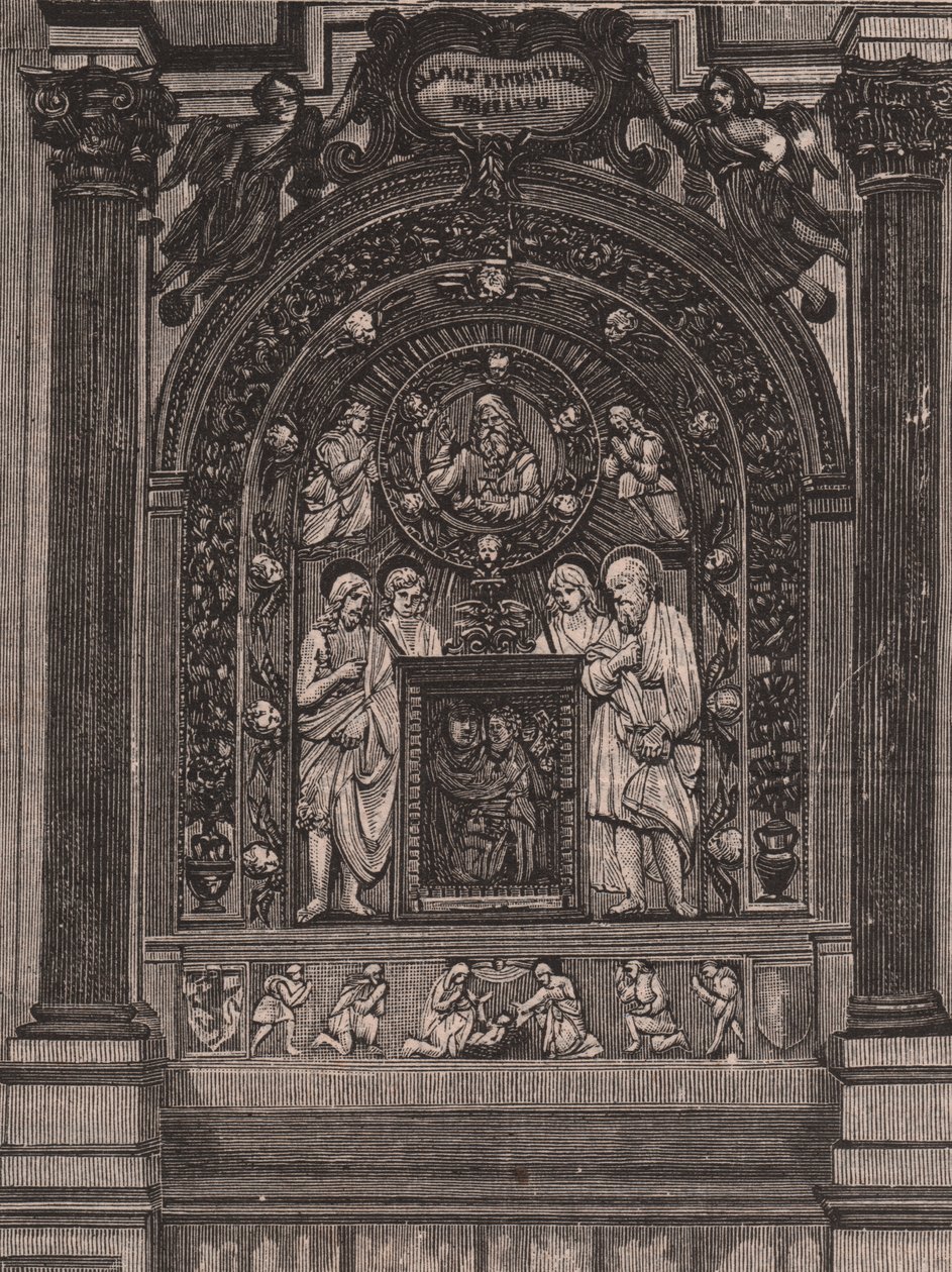 Altar of church of Santa Maria delle Grazie, by Luca della Robbia, Montepulciano, Tuscany, Italy, woodcut from Le cento citta d