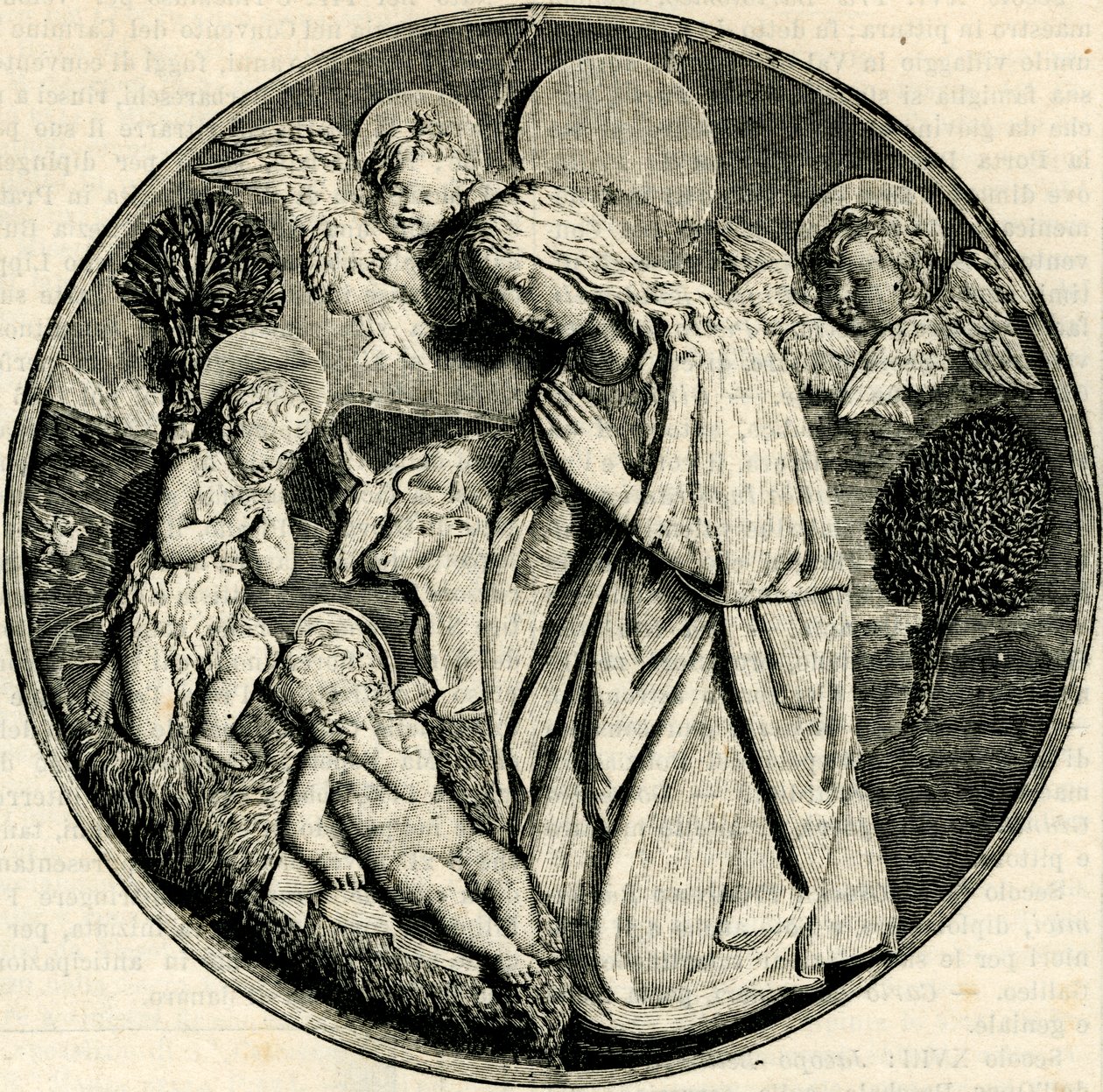 Madonna in adoration of the Child with the Infant St John the Baptist and cherubs, by Luca della Robbia, Prato, Tuscany, Italy, woodcut from Le cento citta d
