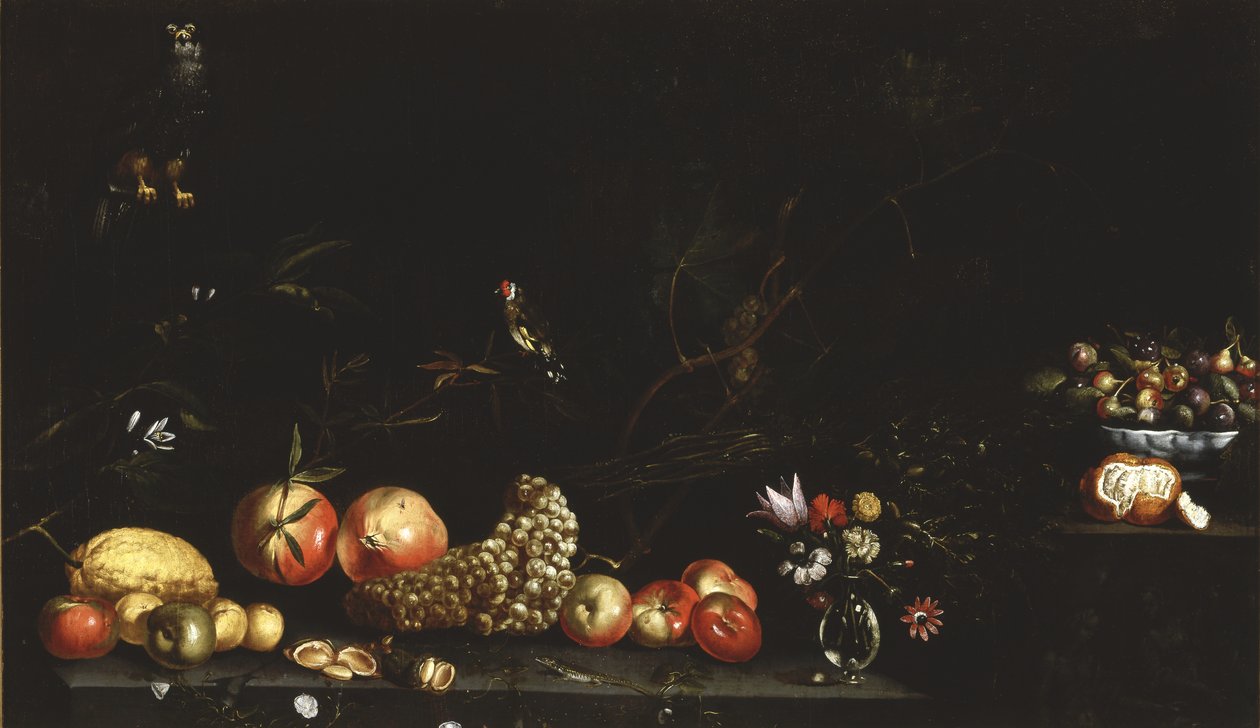 Still life with fruit, flowers, a hawk and a goldfinch, 1620-30 by Luca Forte