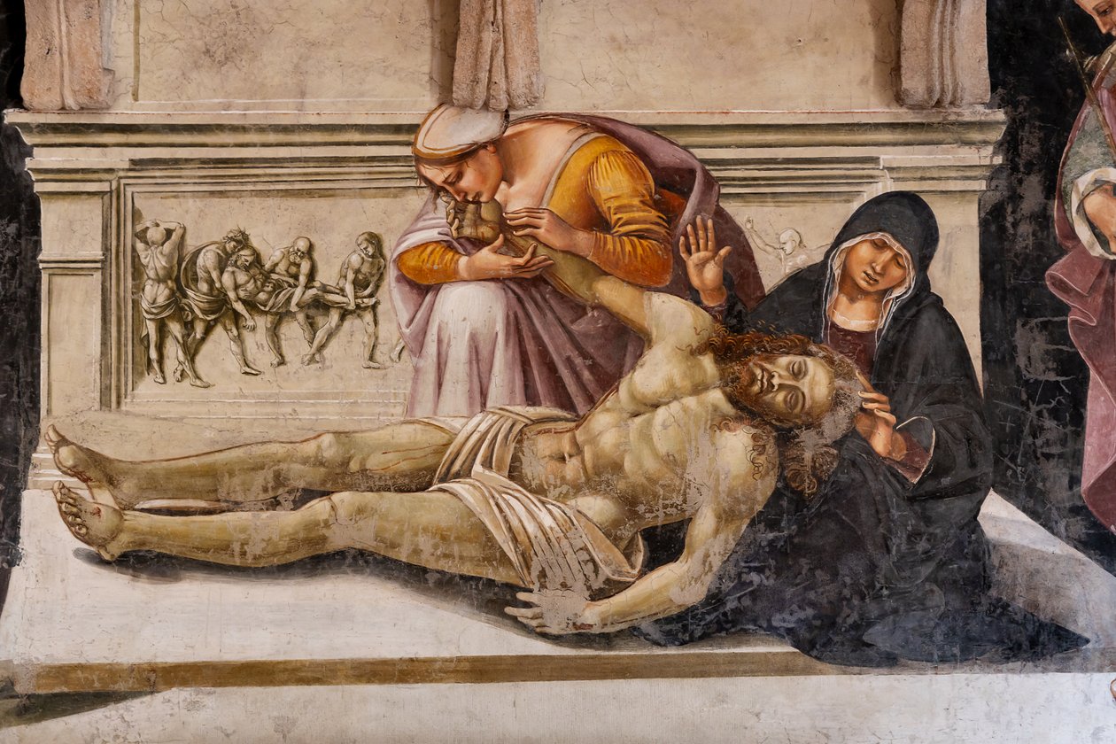 The interior, Chapel Nova or Chapel of St. Brizio, Chapel of the Holy Bodies: "Lamentation of the Dead Christ" between the two saints of Orvieto (S. Parenzo on the right and S. Faustino on the left) by Luca Signorelli