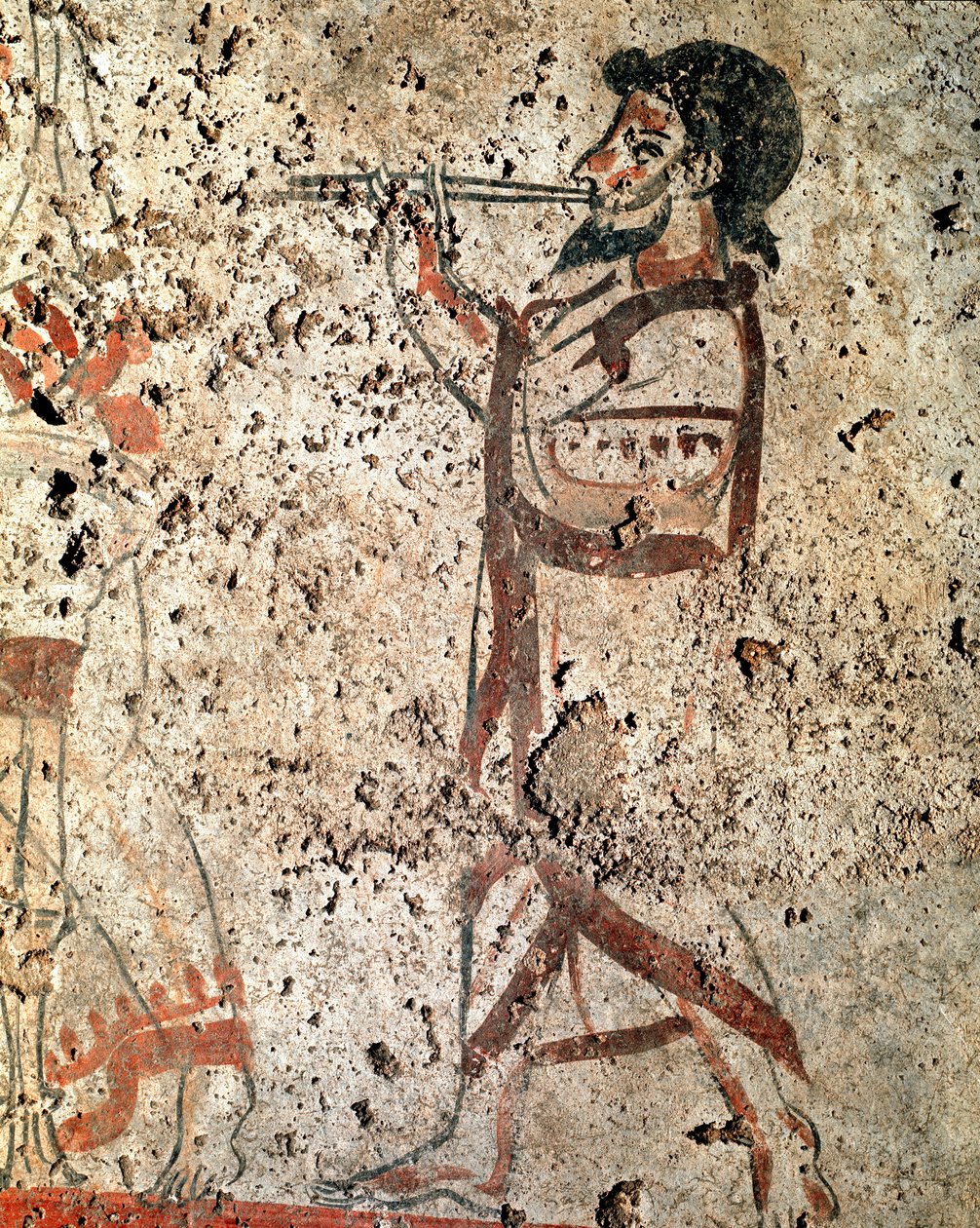A Musician Playing the Flute, Lucanian Fresco, 4th Century BC, Necropolis of Paestum, Italy by Lucanian School
