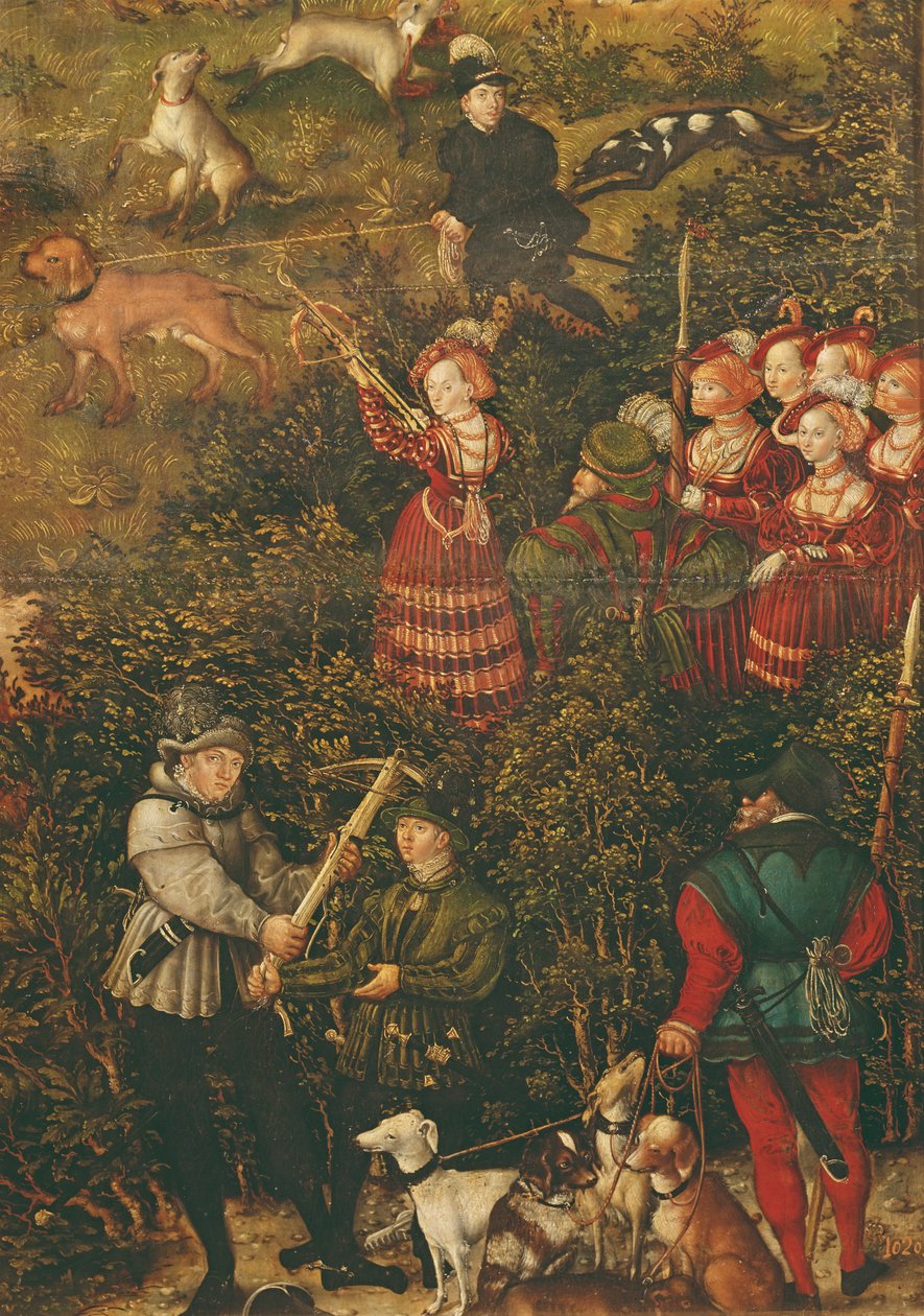 The Electress Sybille of Saxony preparing to shoot with her crossbow at the Hunt in Honour of Emperor Charles V near Hartenfels Castle, Torgau, 1544 by Lucas Cranach the Elder