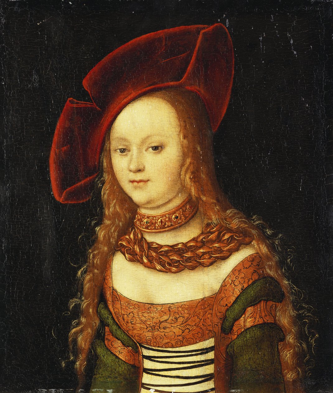 Portrait of a Young Girl, Half Length, Wearing a Green and Gold Costume with a Red Hat by Lucas Cranach