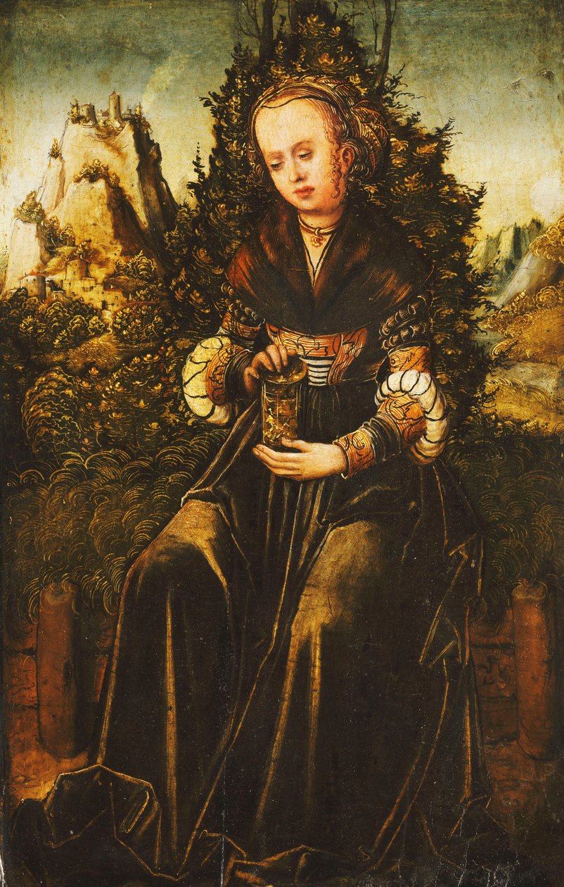 Saint Mary Magdalen seated on a Grassy Verge in a Mountainous Landscape by Lucas Cranach