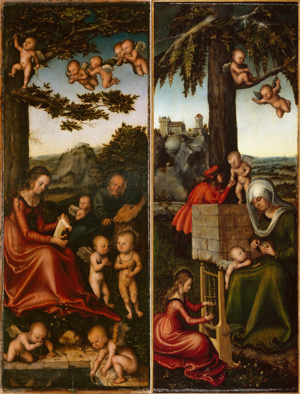 The Holy Family surrounded by Angels & Education of the Virgin Mary (left and right wing of a Lady Altar) by Lucas Cranach the Elder and workshop