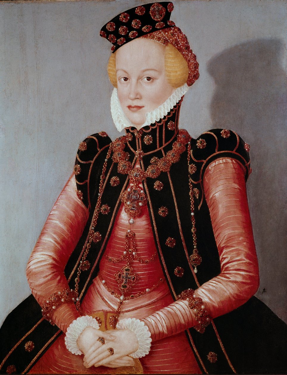 Portrait of Lady Young woman richly clothed, wearing a hat and jewel trim by Lucas the Elder Cranach