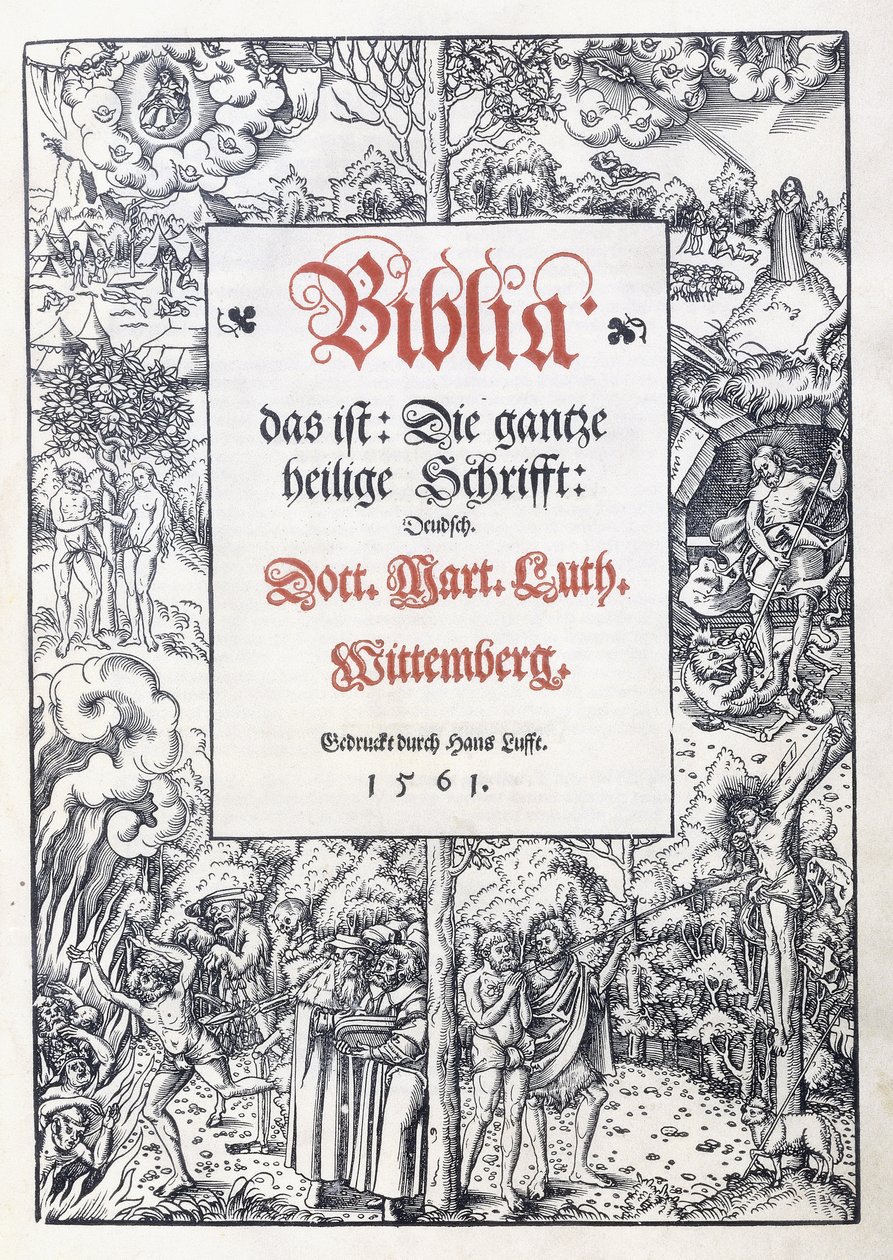 Title page, with a fine pictorial border from "Biblia, das ist: Die gantze heilige Schrifft: Deudsch", translated by Martin Luther, 1560-1561 by Lucas the Younger Cranach
