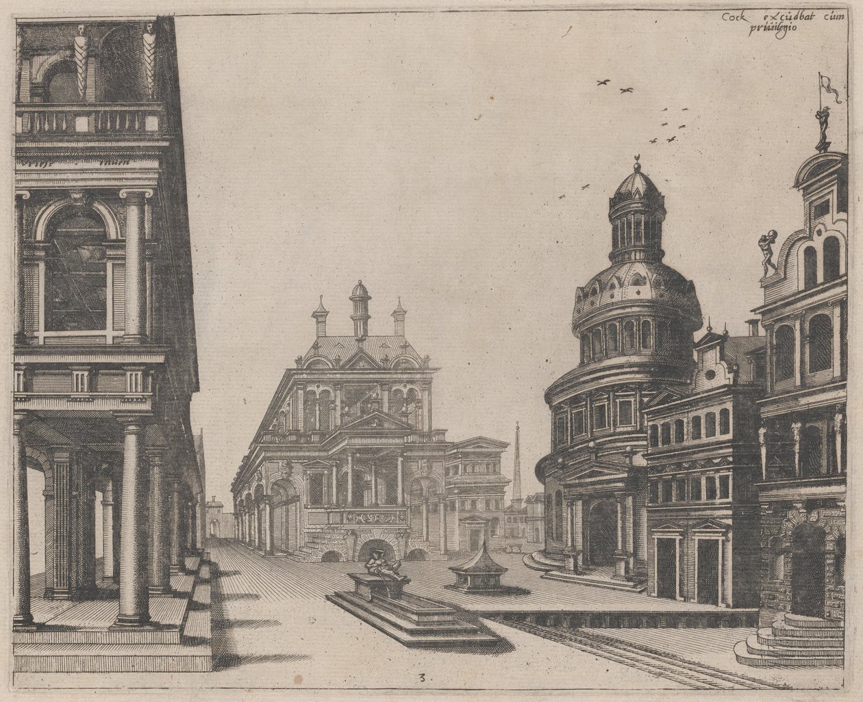 Corner of a Palace with Colonnade and Circular Building by Lucas van Doetechum and Johannes
