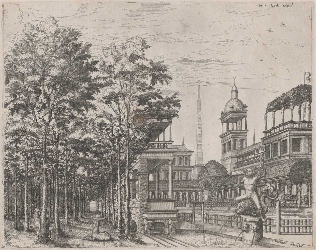 Landscape with Trees, Two Deer, and a Palace Courtyard by Lucas van Doetechum and Johannes