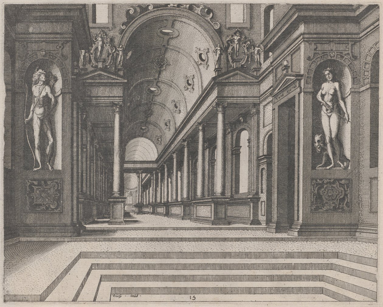 View in a Church with Corinthian Columns and Statues of Apollo, Melpomene, and Moses by Lucas van Doetechum and Johannes