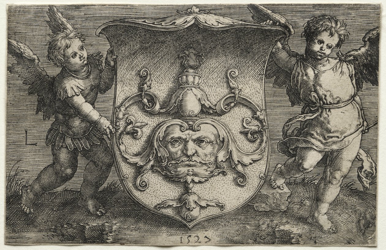A Shield Bearing a Mask Supported by Two Genii by Lucas van Leyden
