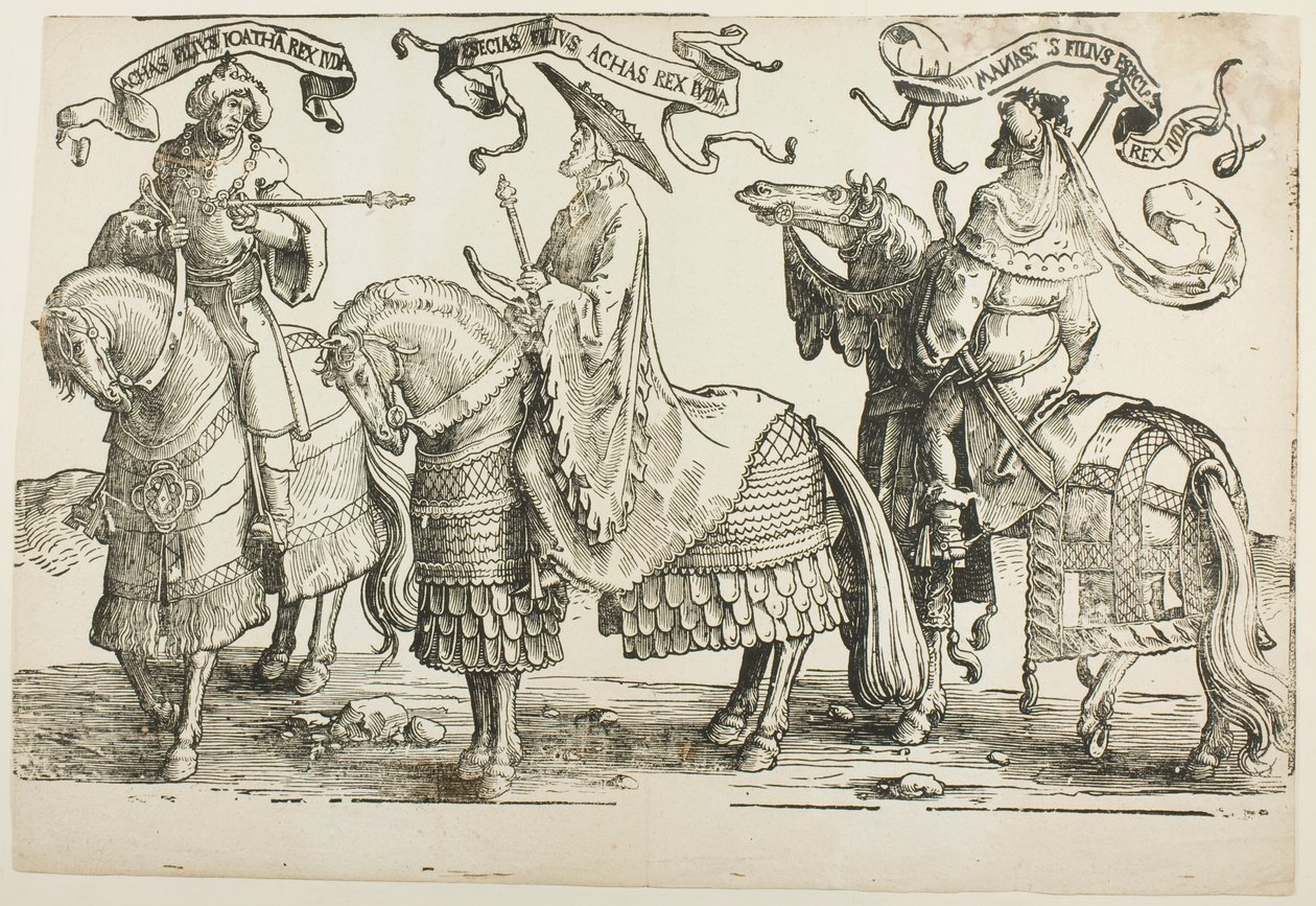 Ahaz, Hezekiah, Manasses, plate four, from The Twelve Kings of Israel by Lucas van Leyden