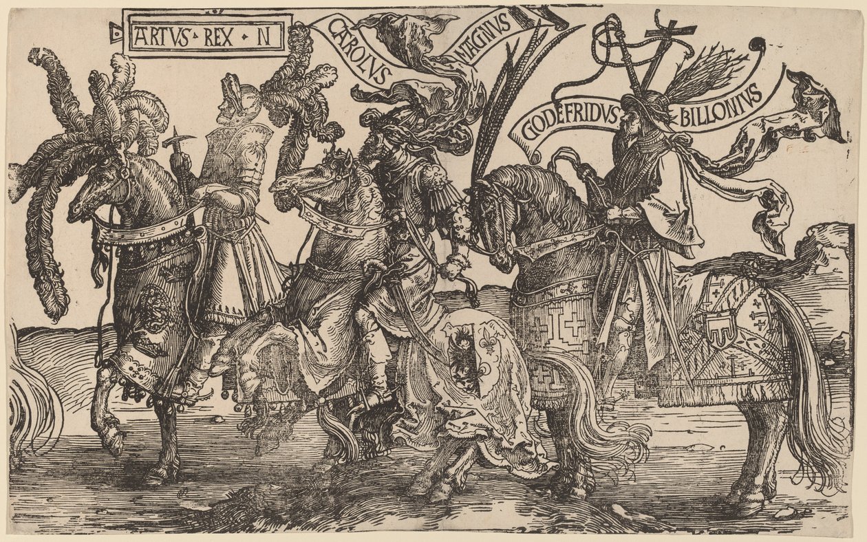 Arthur, Charles the Great (Charlemagne), Godfrey of Bouillon by Lucas van Leyden